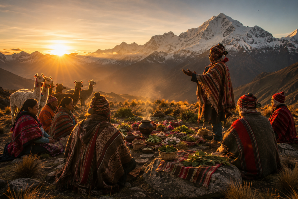 Rituais dos povos andinos: comunidade andina reunida ao nascer do sol em uma cerimônia tradicional entre montanhas da Cordilheira dos Andes.