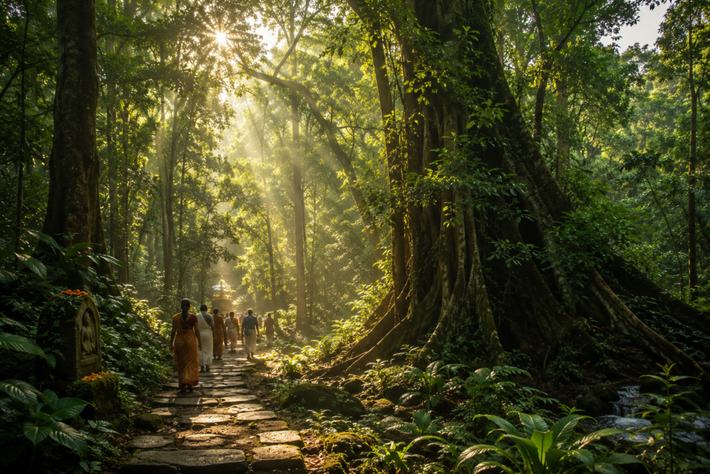 Bosques sagrados da Índia: árvores centenárias iluminadas pelos primeiros raios do sol e uma trilha entre a floresta.
