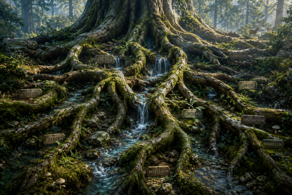 Enormes raízes cobertas de musgo atravessando riachos cristalinos em uma floresta.