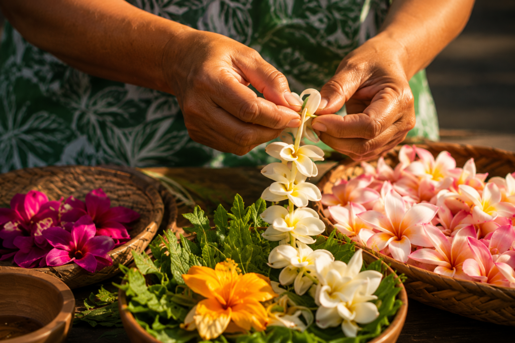 Mãos confeccionando um colar tradicional havaiano utilizando flores tropicais frescas.