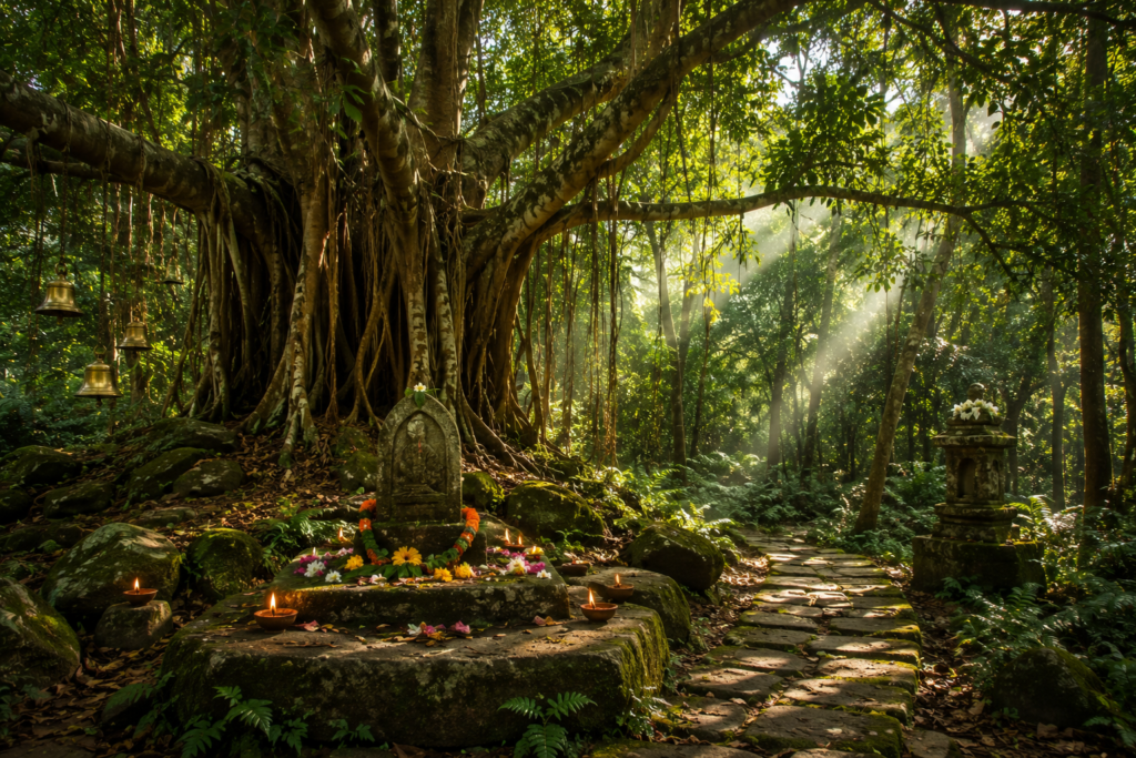 Grande árvore banyan com raízes aéreas ao lado de um pequeno altar de pedra em um bosque sagrado da Índia.