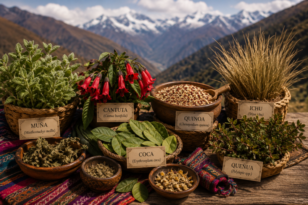 Composição botânica com muña, cantuta, coca, quinoa, ichu e queñua sobre mesa de madeira.