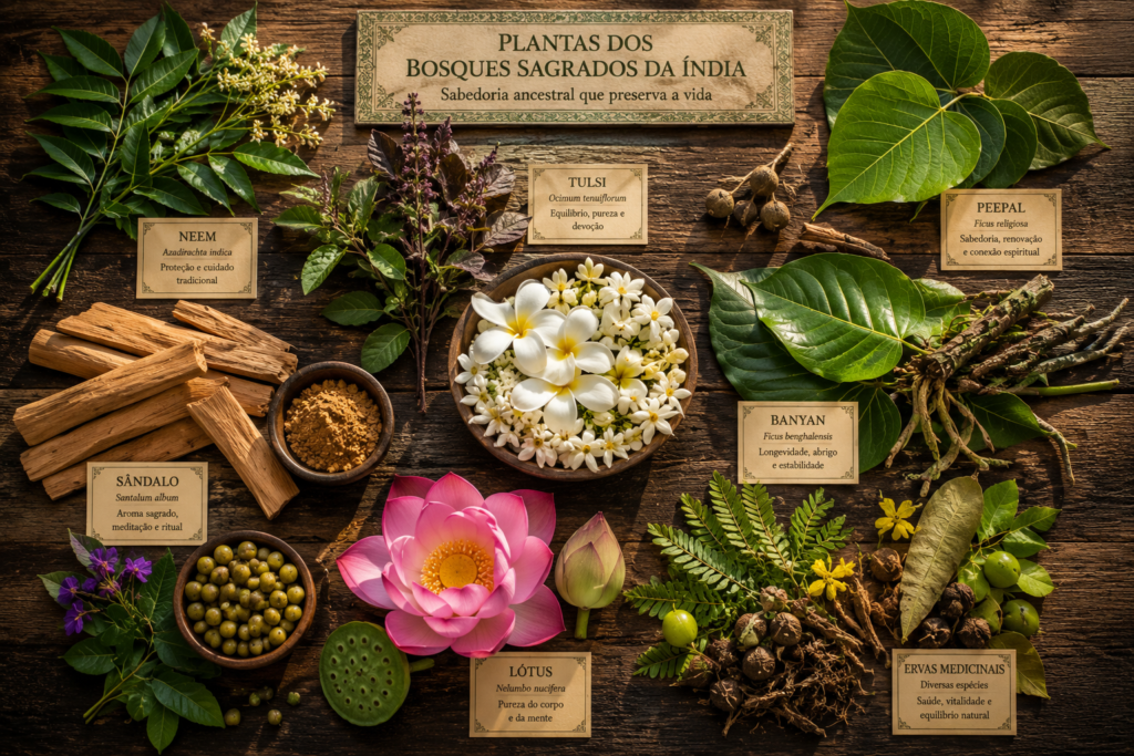 Composição botânica com neem, tulsi, peepal, banyan, sândalo e lótus organizados sobre mesa de madeira.