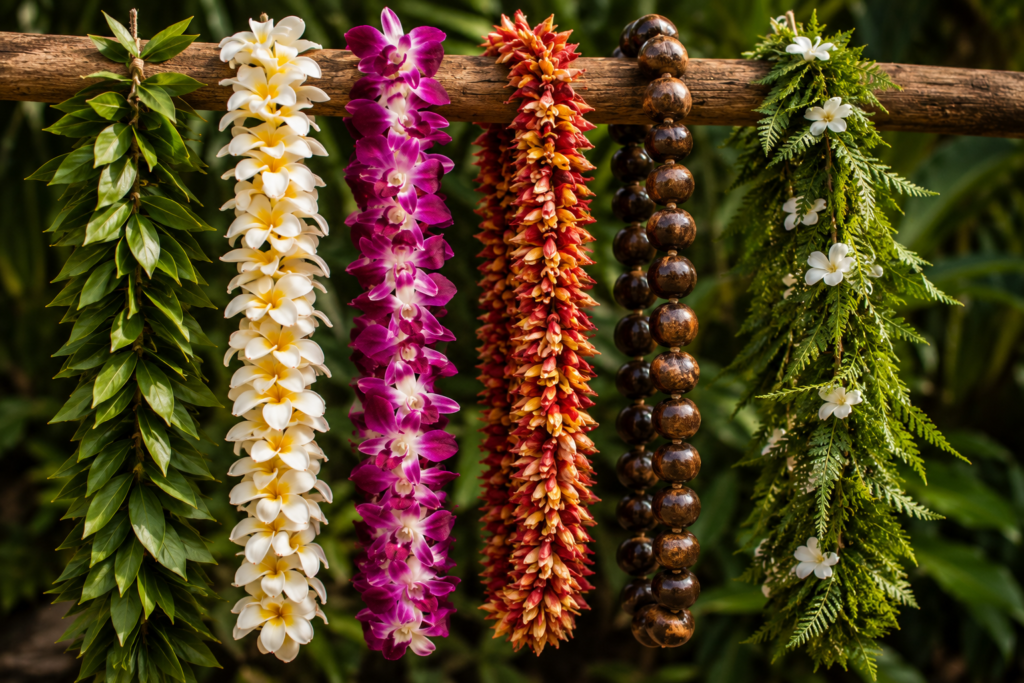 Diferentes modelos de Lei confeccionados com flores, folhas, sementes e fibras naturais.