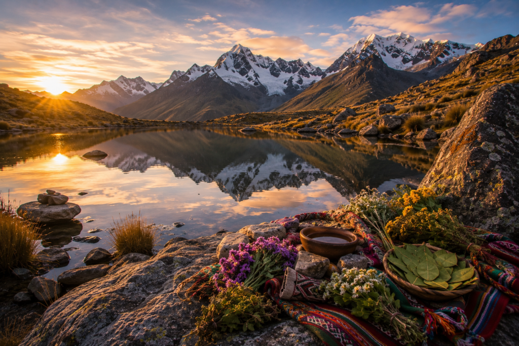 Lago de altitude refletindo montanhas nevadas, com plantas e tecidos tradicionais próximos à margem.
