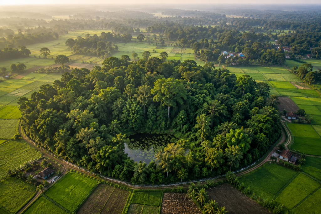 Vista aérea de um bosque preservado cercado por áreas agrícolas na Índia.
