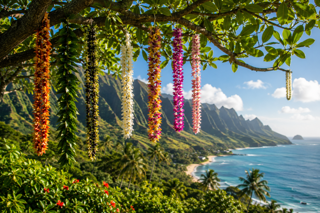 Leis coloridos pendurados em uma árvore com vista para montanhas e litoral do Havaí.