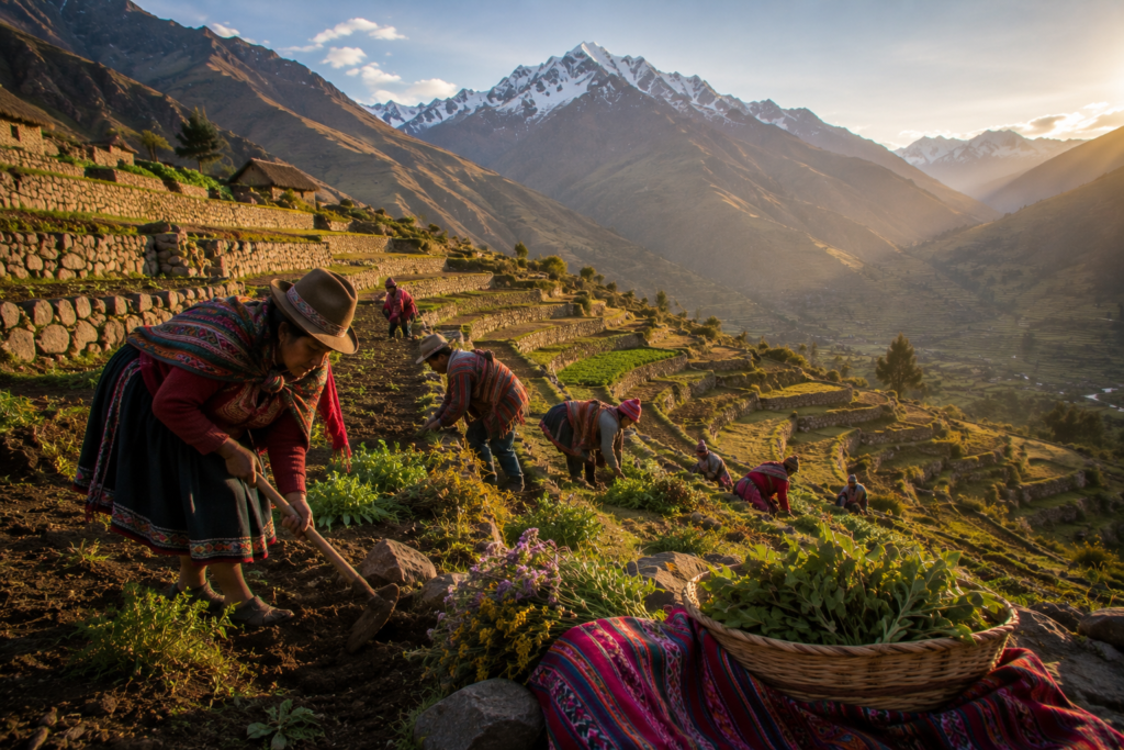 Agricultores andinos trabalhando em terraços agrícolas com montanhas nevadas ao fundo.