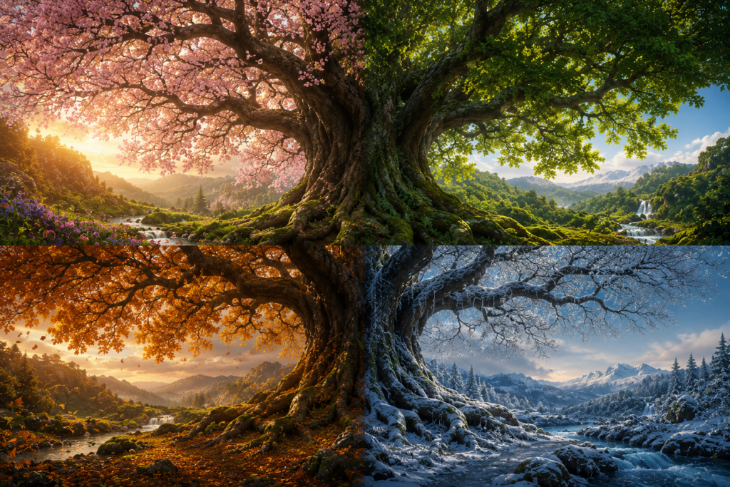 Árvore monumental representada durante primavera, verão, outono e inverno.