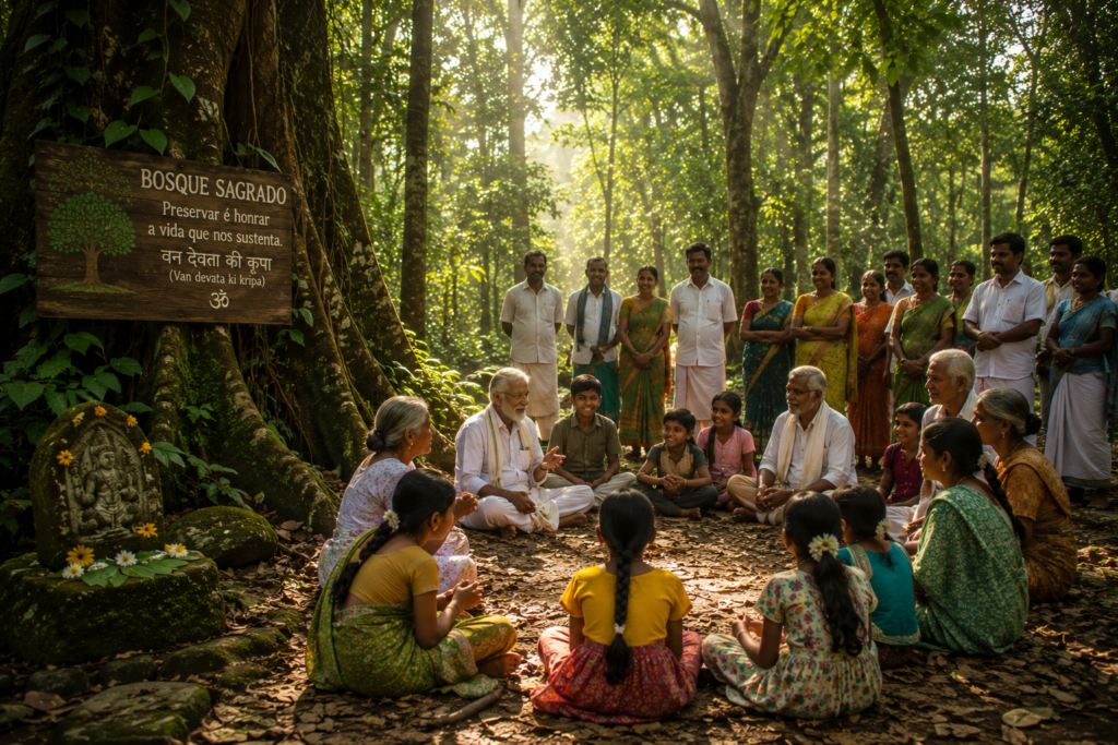 Comunidade reunida em um bosque sagrado da Índia, com idosos, adultos e crianças compartilhando conhecimentos tradicionais.