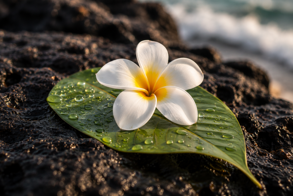 Flor de plumeria branca repousando sobre uma folha verde com gotas de água à beira do oceano.