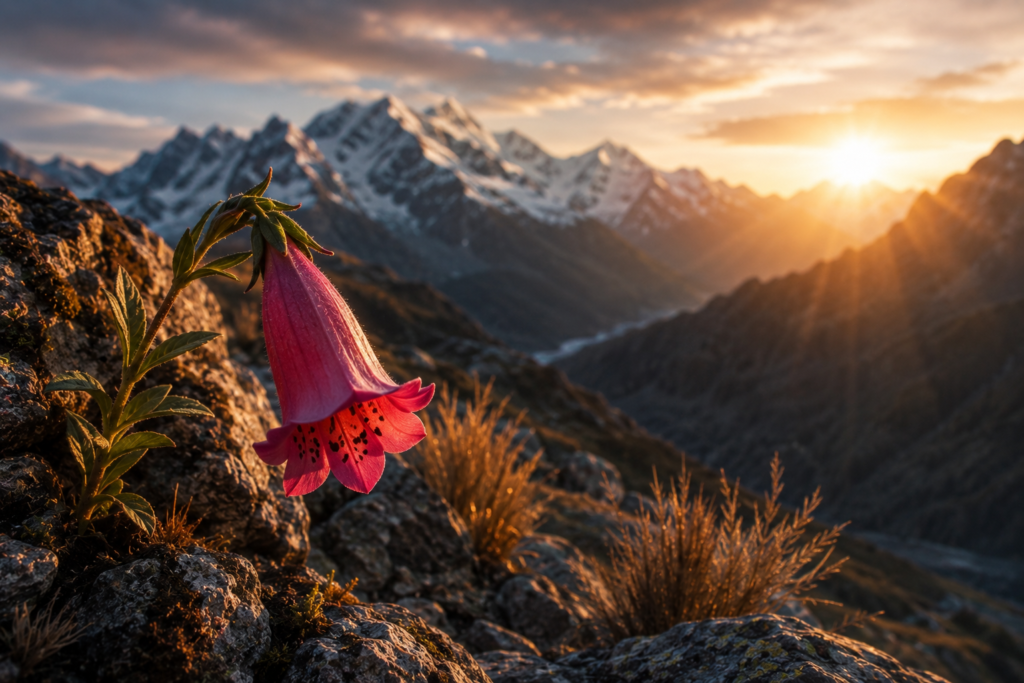 Flor de cantuta crescendo entre pedras com montanhas nevadas ao fundo.