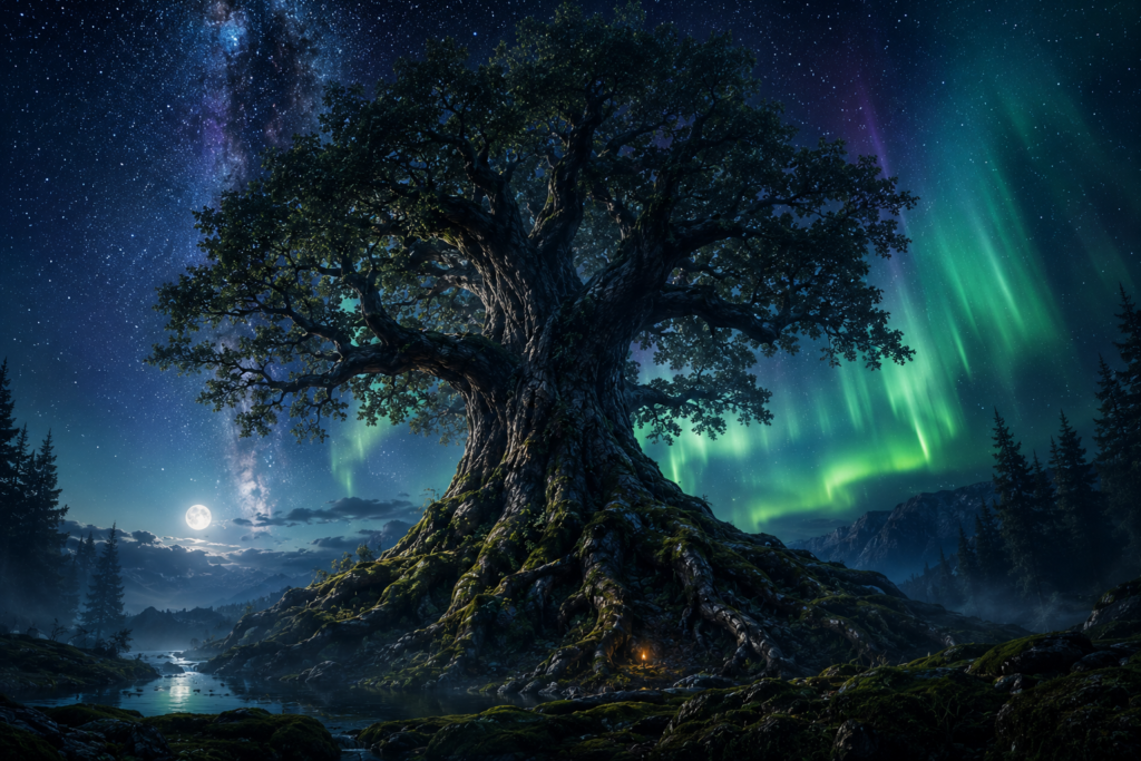Gigantesca árvore iluminada pela lua, pela Via Láctea e pela aurora boreal.