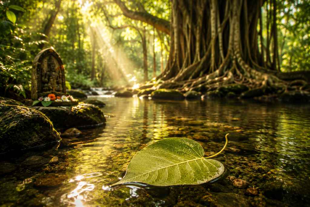 Folha de peepal flutuando sobre água cristalina em um bosque sagrado da Índia, com uma grande árvore ao fundo.