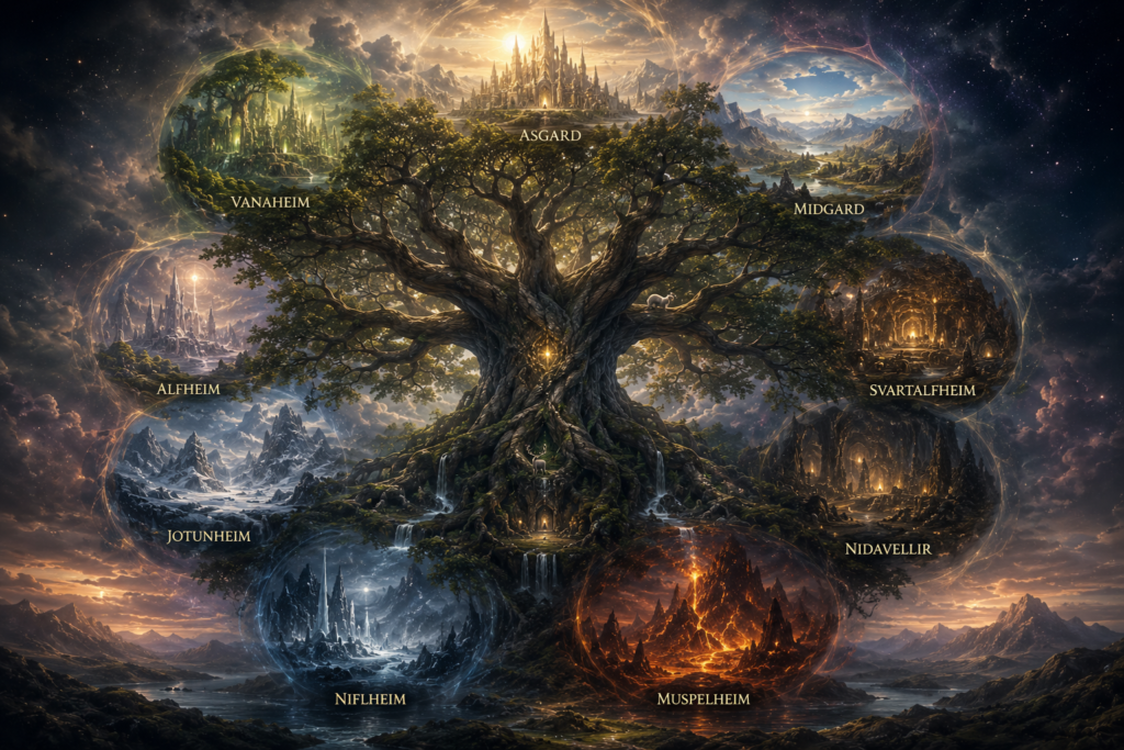 Representação artística de Yggdrasil cercada pelos nove mundos da mitologia nórdica.