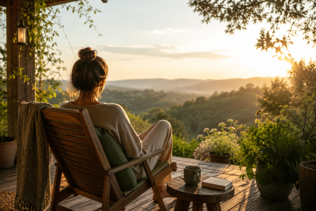 A arte de não fazer nada: Pessoa sentada em varanda observando a paisagem ao amanhecer em momento de contemplação e autocuidado.