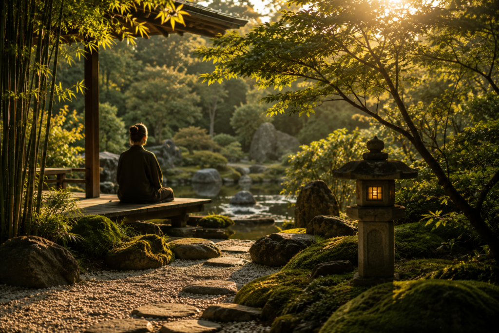 Jardim japonês com pessoa em contemplação silenciosa cercada por pedras, musgos e bambus.