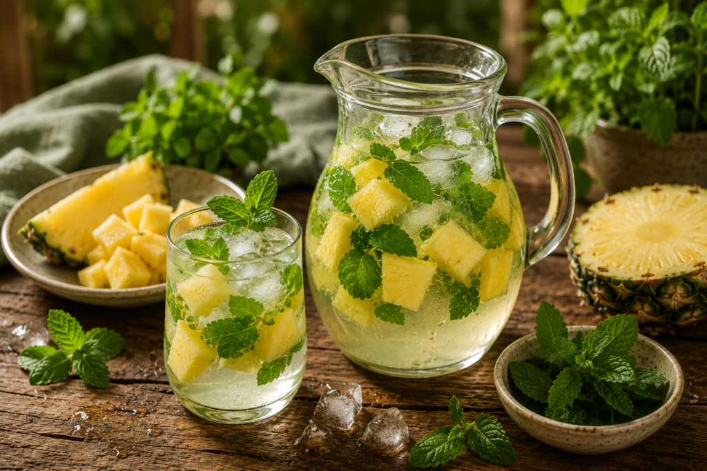 O que servir para beber junto com petiscos? 7 ideias naturais e refrescantes | Benverde Água aromatizada de abacaxi e hortelã servida em jarra de vidro com gelo.