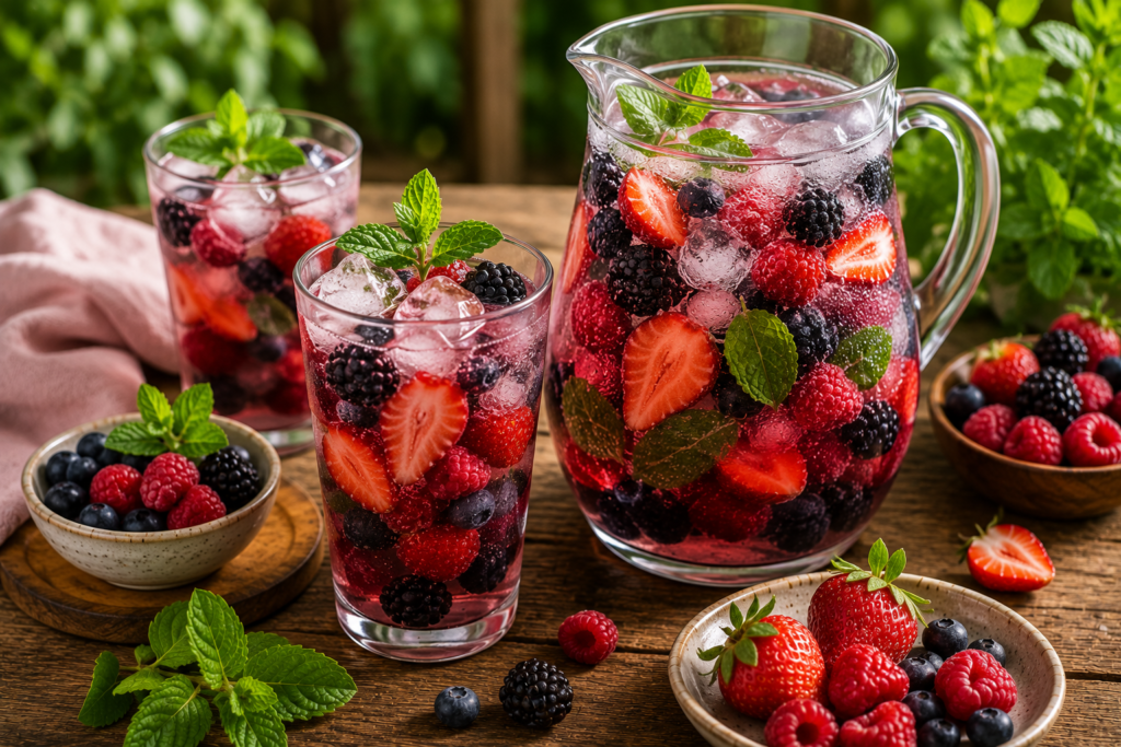 O que servir para beber junto com petiscos? 7 ideias naturais e refrescantes | Benverde Água saborizada com frutas vermelhas servida em jarra de vidro.