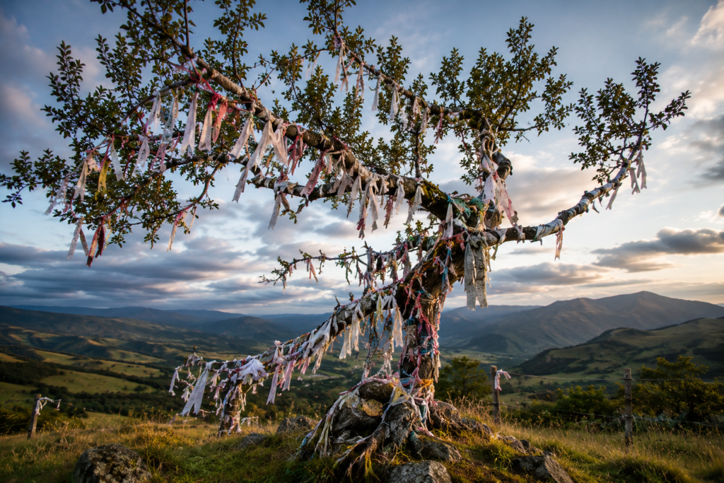 Árvore tradicional escocesa coberta por tiras de tecido em uma paisagem montanhosa.