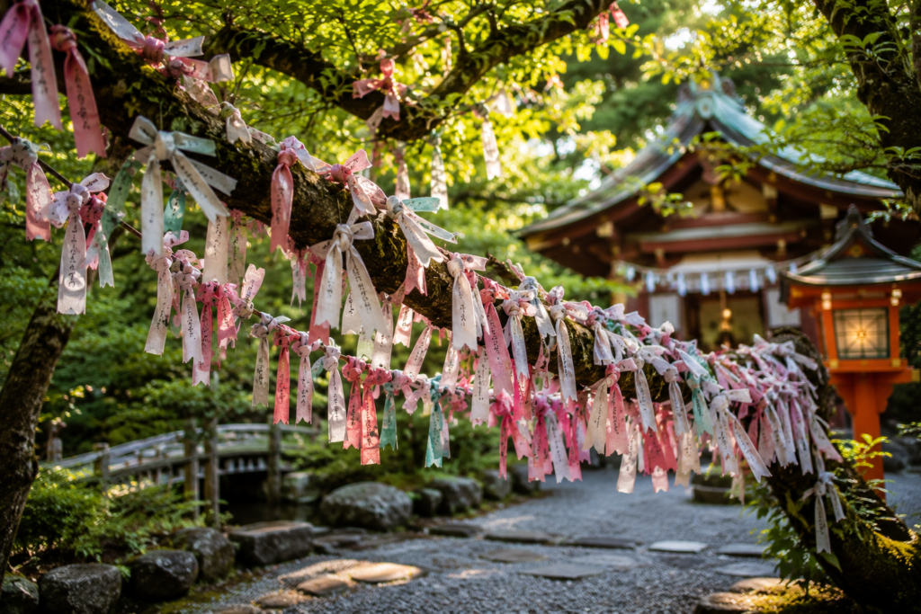 Galhos de árvore com tiras de papel e fitas em um jardim de templo japonês.