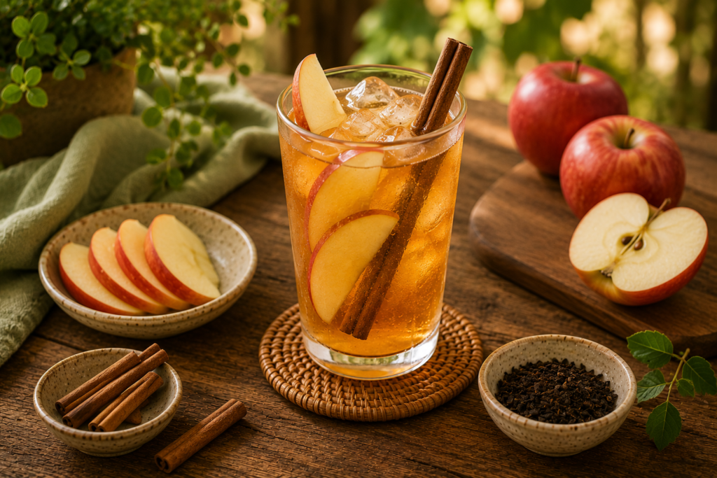 O que servir para beber junto com petiscos? 7 ideias naturais e refrescantes | Benverde Chá gelado de maçã e canela servido com gelo e fatias de maçã.