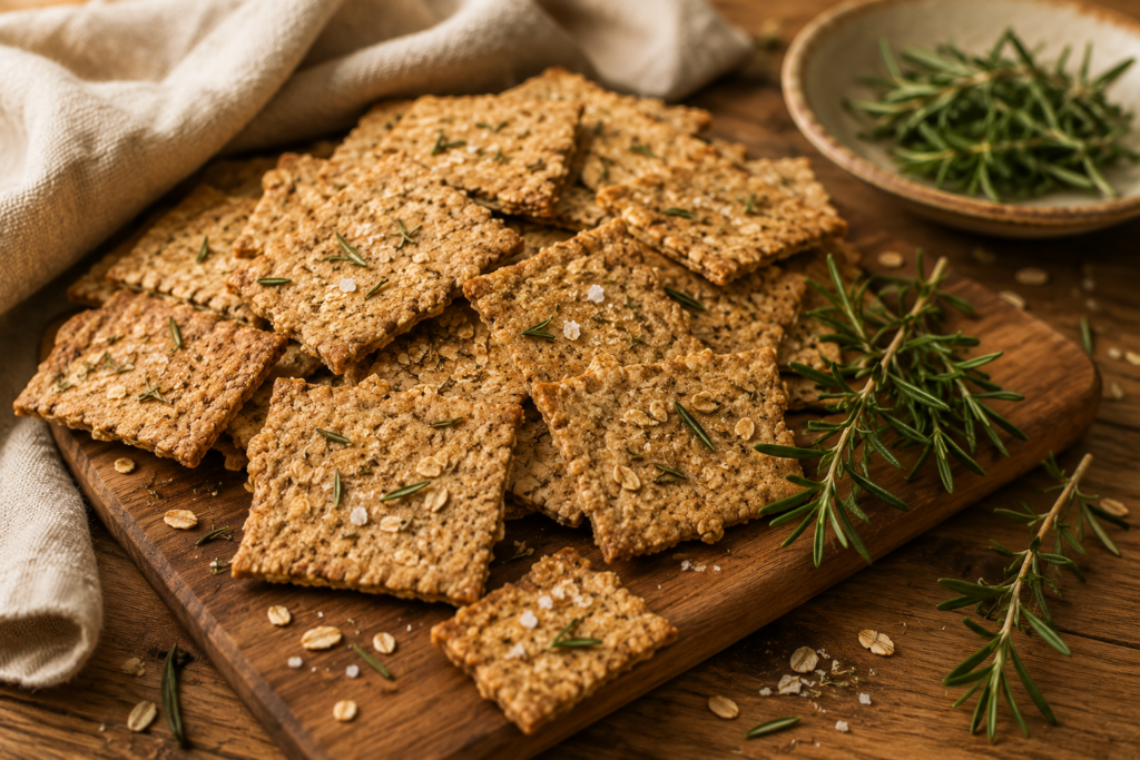 Crackers de Alecrim e Aveia: crocantes, aromáticos e fáceis de preparar | Benverde Crackers de alecrim e aveia servidos sobre tábua de madeira rústica.