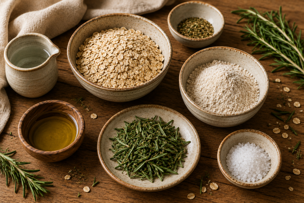 Crackers de Alecrim e Aveia: crocantes, aromáticos e fáceis de preparar | Benverde Ingredientes para preparar crackers de aveia e alecrim organizados sobre mesa de madeira.