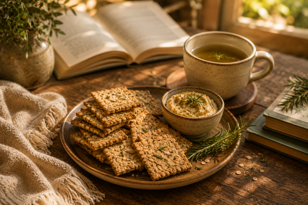 Crackers de Alecrim e Aveia: crocantes, aromáticos e fáceis de preparar | Benverde Crackers de aveia e alecrim servidos com chá e pasta de castanhas em ambiente acolhedor.