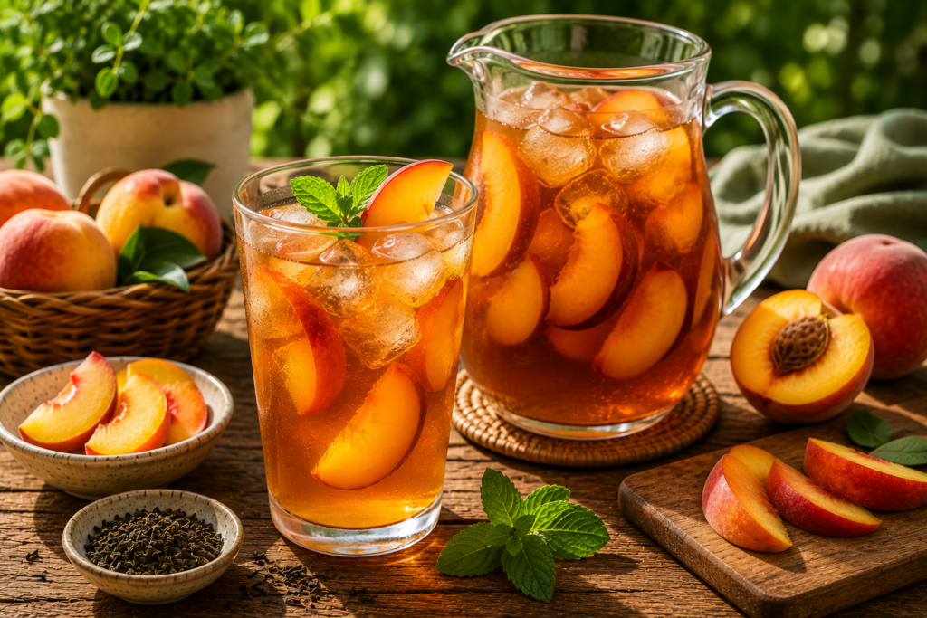 O que servir para beber junto com petiscos? 7 ideias naturais e refrescantes | Benverde Chá gelado de pêssego servido com gelo e fatias da fruta.