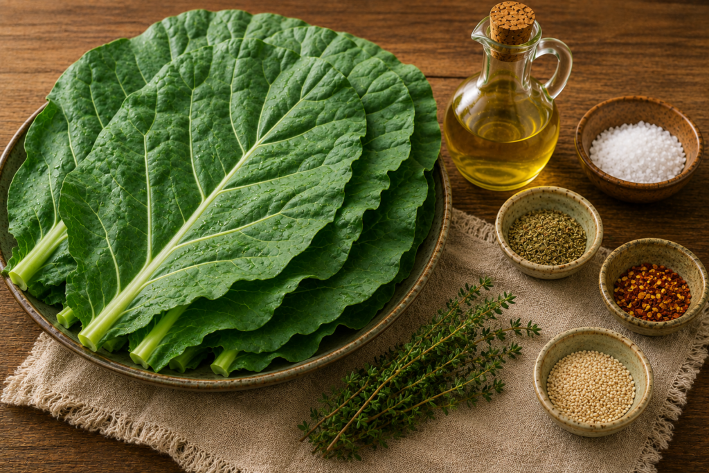 Ingredientes para preparar folhas crocantes de couve assada organizados sobre mesa de madeira.