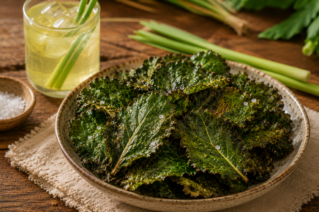Folhas crocantes de couve assada acompanhadas por infusão gelada de capim-cidreira.