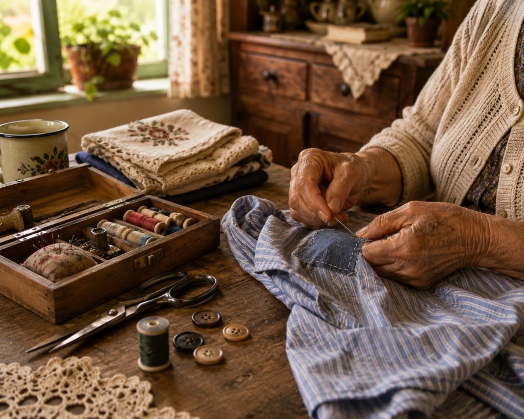 Mãos costurando uma peça de roupa em mesa de madeira com materiais de costura