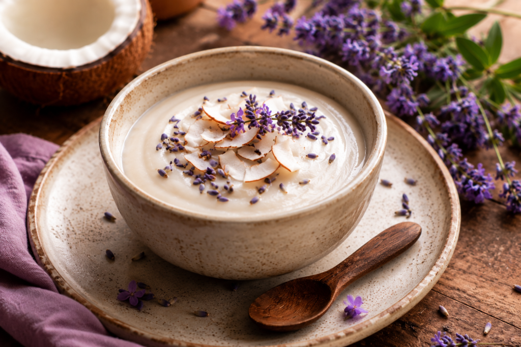 Creme de coco com lavanda servido em tigela de cerâmica rústica.
