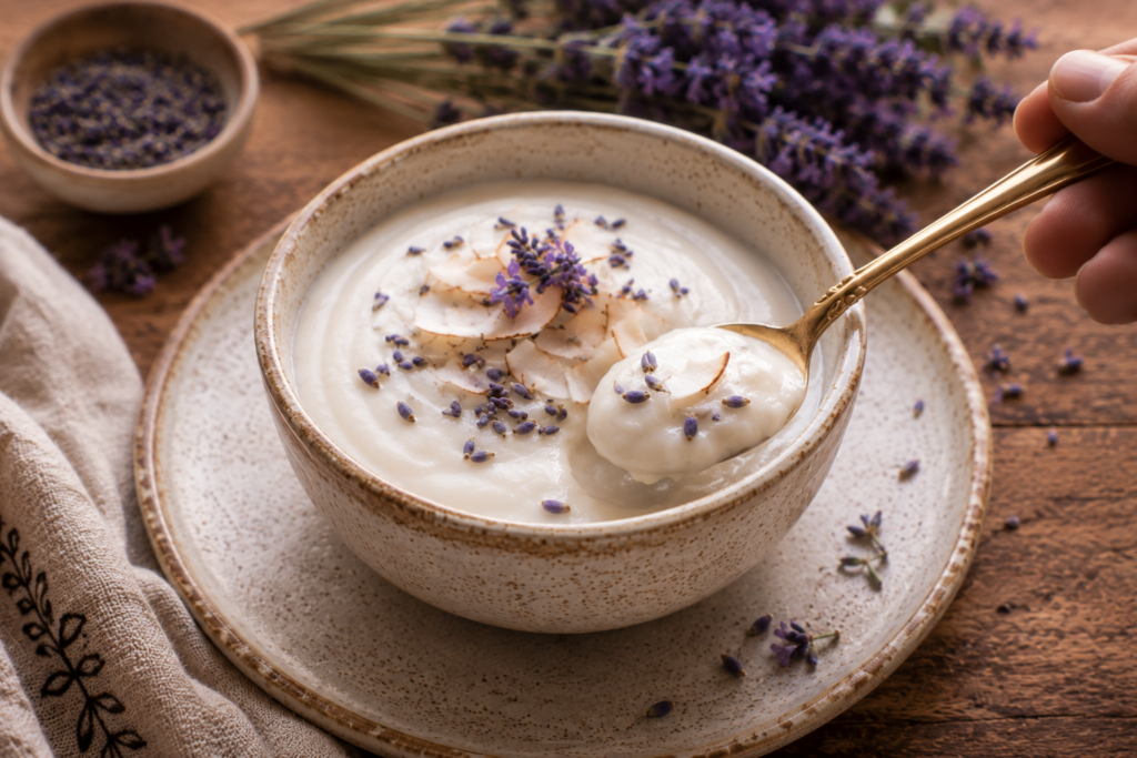 Colher servindo creme de coco com lavanda em tigela artesanal.