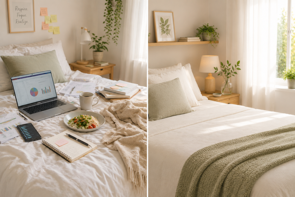 cada ambiente tem sua função: comparação entre quarto utilizado como espaço de trabalho e refeição e quarto organizado apenas para descanso.