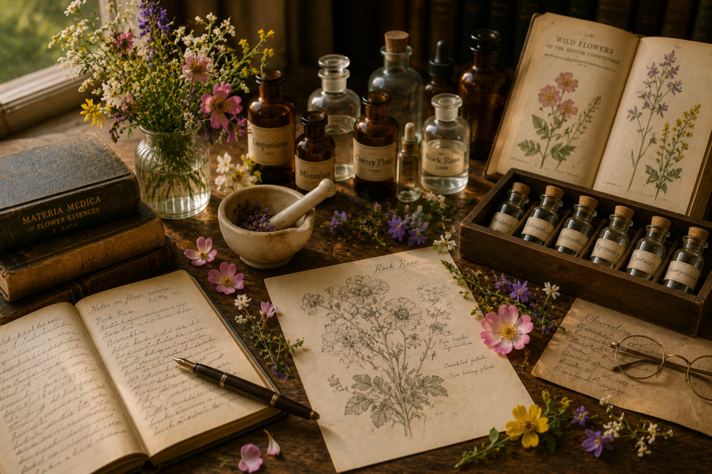 Mesa com flores, livros, manuscritos e frascos relacionados aos estudos que deram origem aos Florais de Bach.