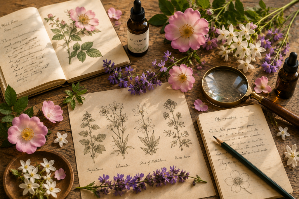 Desenhos botânicos, flores naturais e caderno de observações relacionados ao estudo das essências florais.