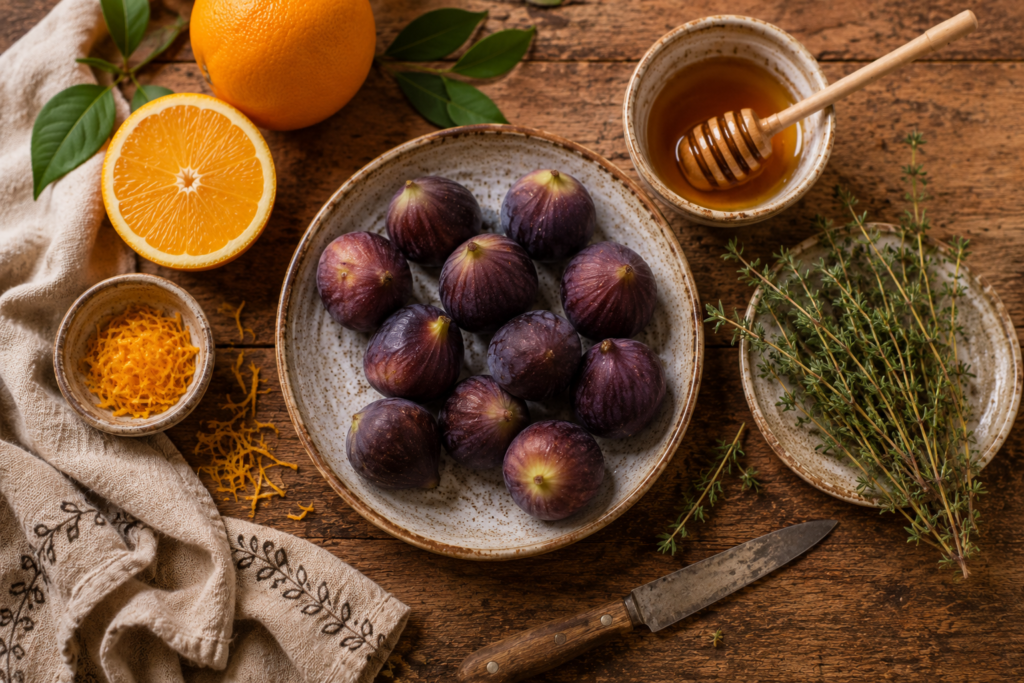 Figos Assados com Tomilho e Mel: uma sobremesa simples e surpreendente | Benverde Ingredientes organizados para preparar figos assados com tomilho, mel e laranja.