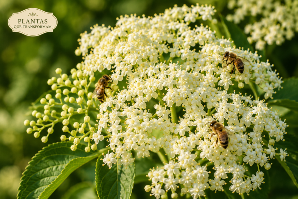 Close das delicadas inflorescências do sabugueiro (Sambucus nigra) com pequenas flores estreladas e abelhas realizando polinização.
