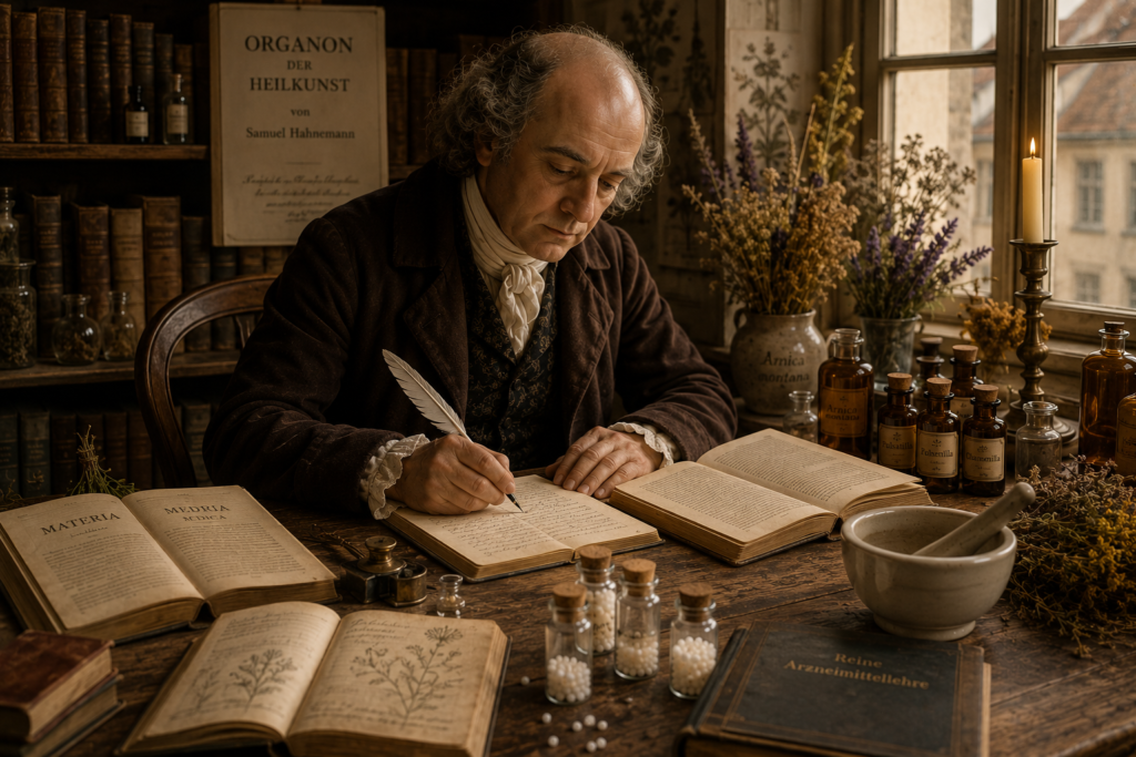 A História da Homeopatia: como surgiu essa prática centenária? | Benverde História da homeopatia: pesquisador do século XVIII escrevendo em mesa com livros, manuscritos e frascos relacionados à história da homeopatia.