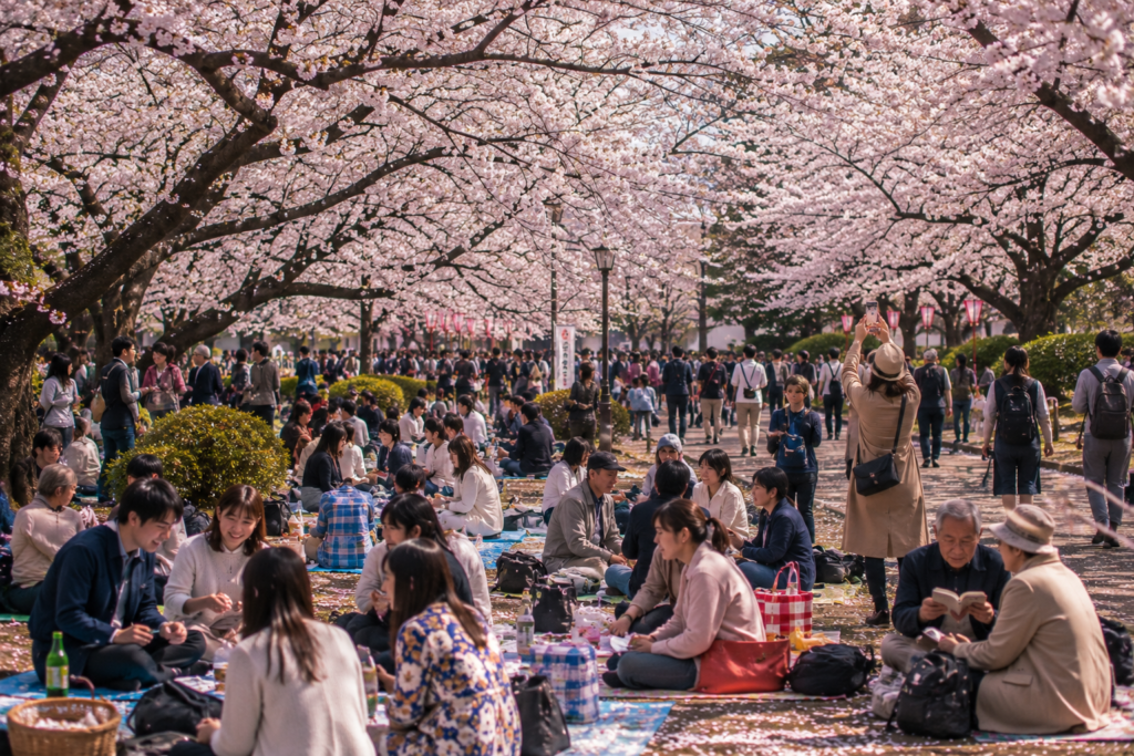 Parque japonês cheio de pessoas reunidas para celebrar o Hanami durante a floração das cerejeiras.