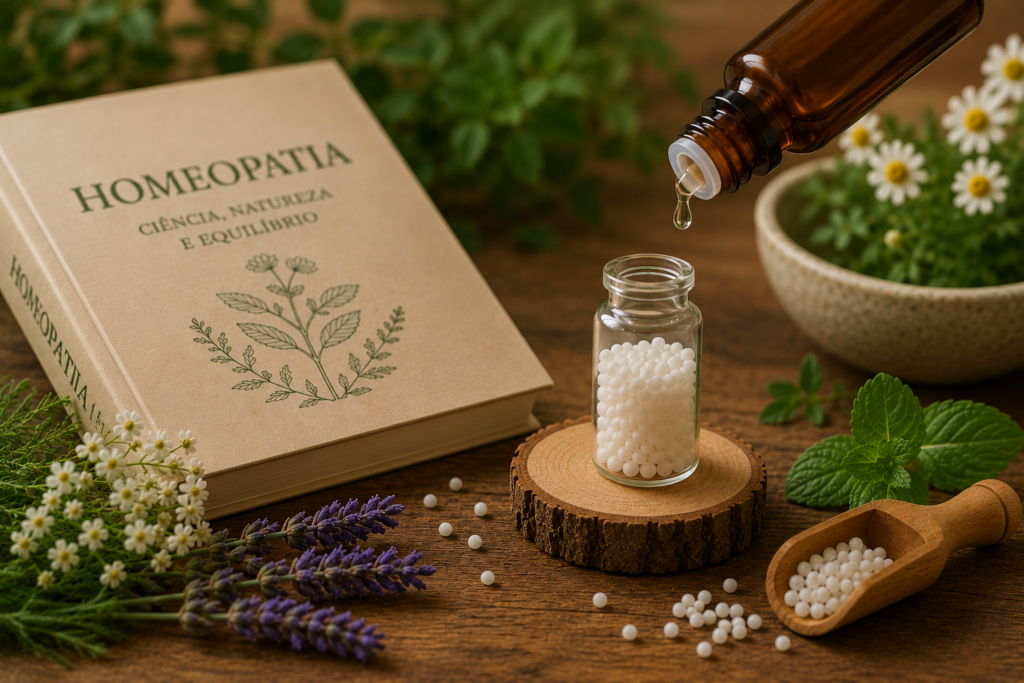 O que é homeopatia? Entenda os princípios dessa prática centenária | Benverde Frasco com glóbulos homeopáticos cercado por plantas e elementos naturais em mesa rústica.