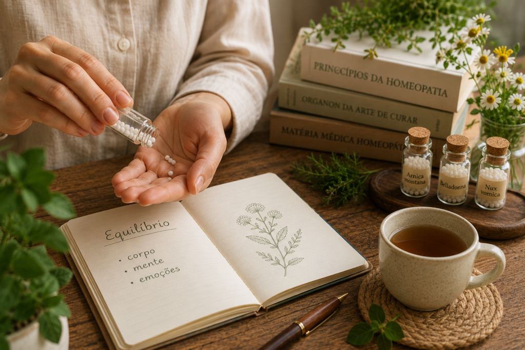 O que é homeopatia? Entenda os princípios dessa prática centenária | Benverde Pessoa segurando glóbulos homeopáticos ao lado de caderno e chá em ambiente acolhedor.