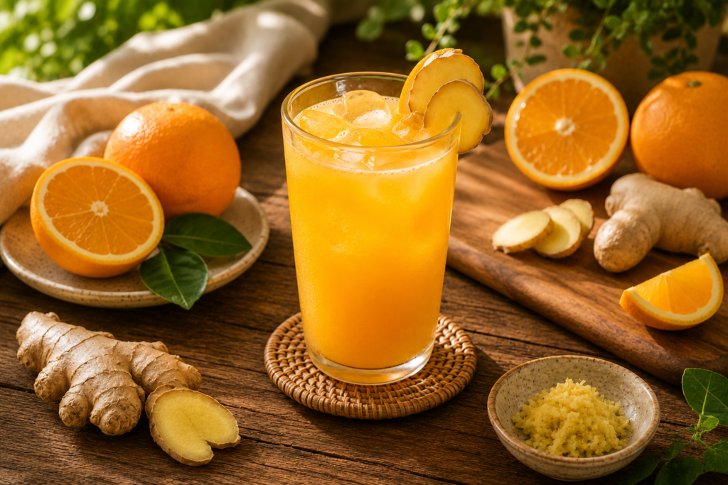 O que servir para beber junto com petiscos? 7 ideias naturais e refrescantes | Benverde Suco de laranja com gengibre servido em copo com gelo.