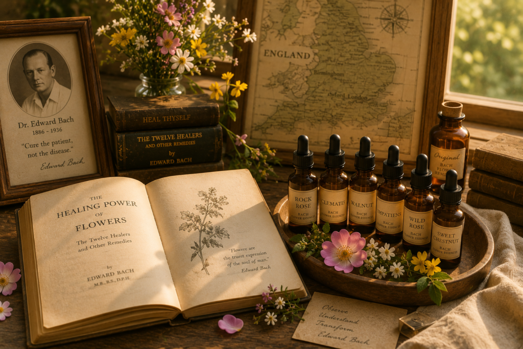 Livros, flores e mapa da Inglaterra representando a trajetória e o legado de Edward Bach.