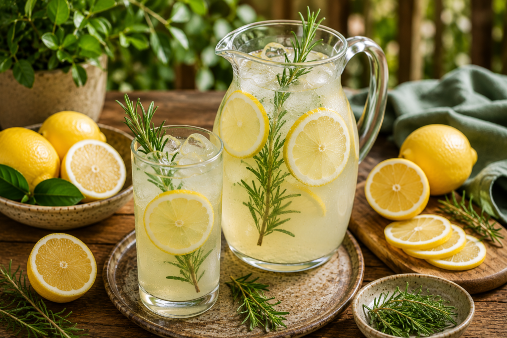 O que servir para beber junto com petiscos? 7 ideias naturais e refrescantes | Benverde Limonada com alecrim servida em jarra de vidro com gelo e limões frescos.