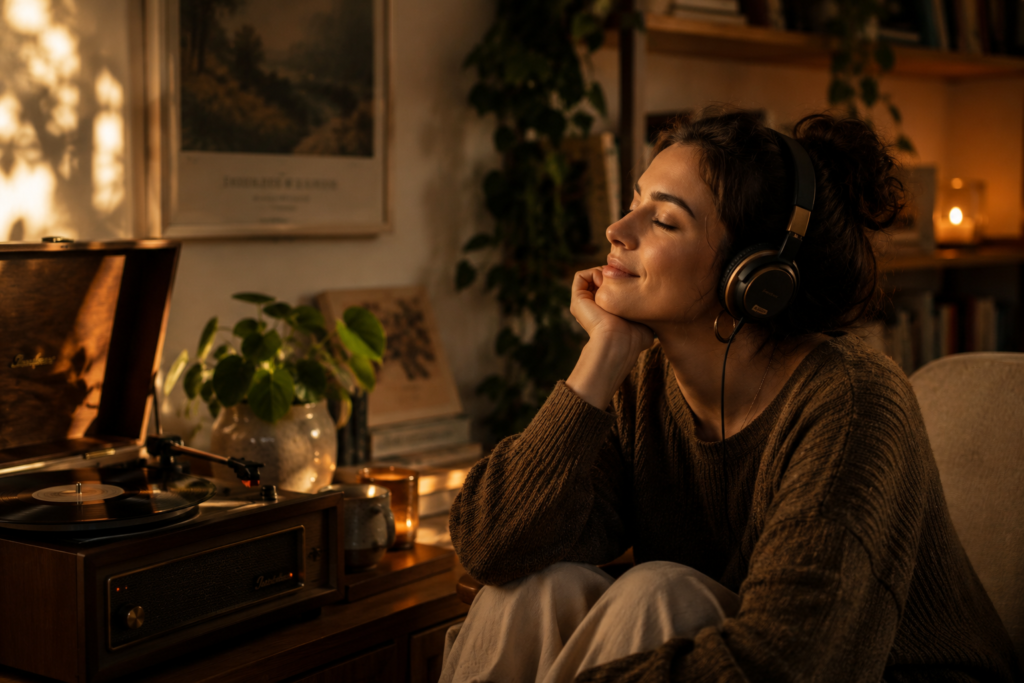 Pessoa ouvindo música próxima a uma vitrola em ambiente aconchegante e iluminado por luz suave.