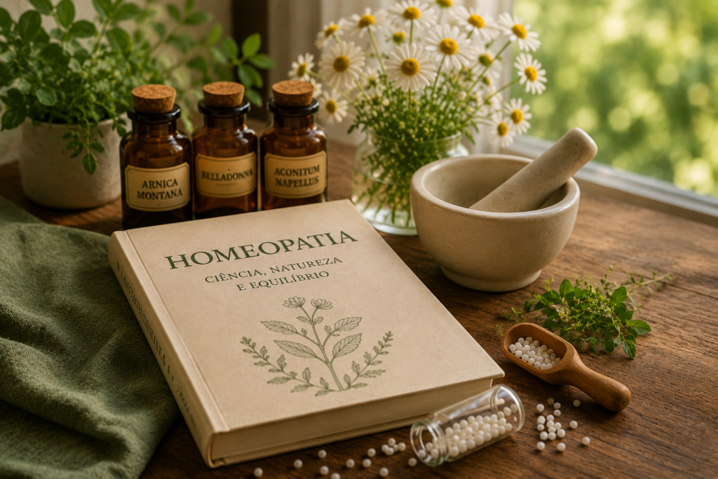 O que é homeopatia? Entenda os princípios dessa prática centenária | Benverde O que é homeopatia? Livro sobre homeopatia ao lado de frascos tradicionais e plantas medicinais em ambiente iluminado naturalmente.