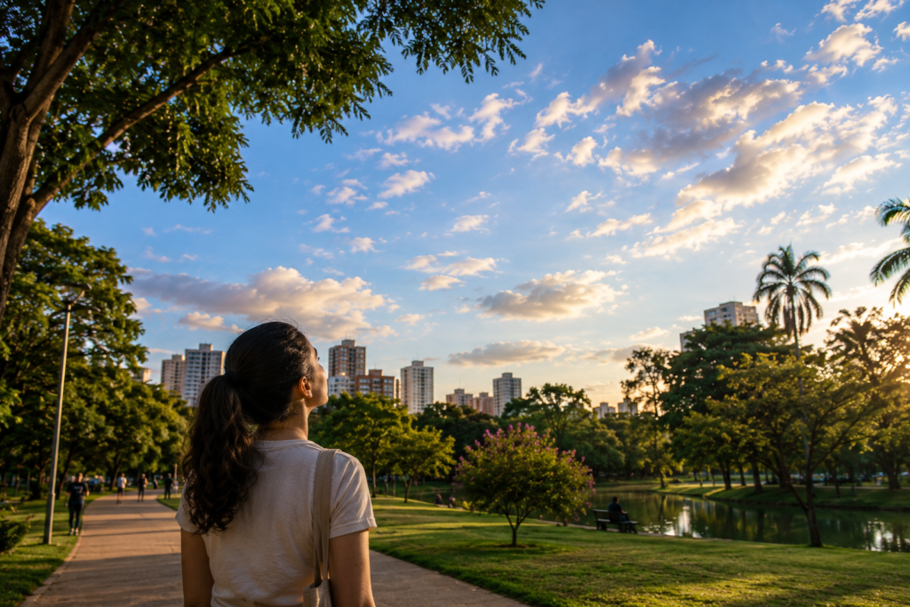 Pessoa observando o céu em um parque arborizado com vista para a cidade ao entardecer.